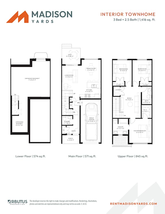 A floor plan for an interior townhome from Madison Yards.
