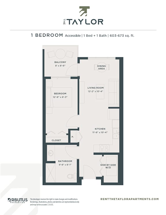 A floor plan for a 1 bedroom accessible apartment.