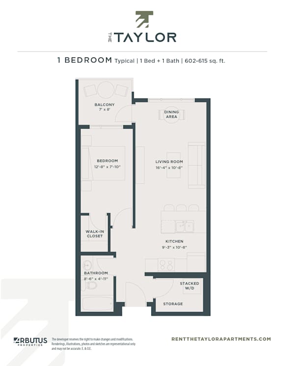 A floor plan for a 1 bedroom apartment sized 602-615 sq.ft.