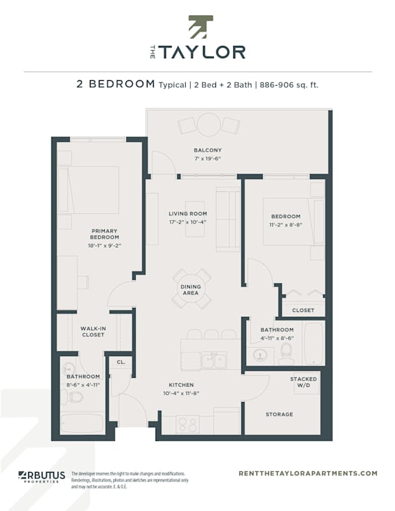 A floor plan for a 2 bedroom apartment with a living room, dining area, kitchen, and bathroom.