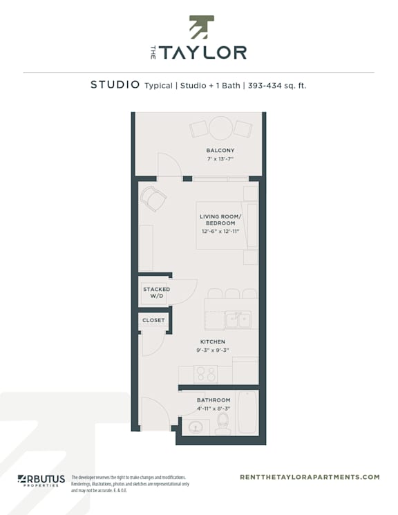 A floor plan for a studio apartment with a bathroom and a kitchen.