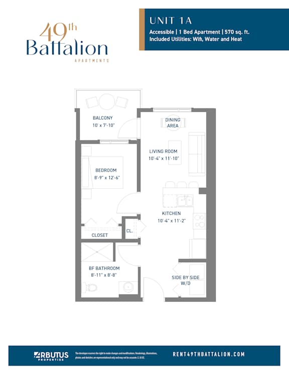 A floor plan for a 40th Battalion apartment shows a living area, kitchen, bathroom, and bedroom.