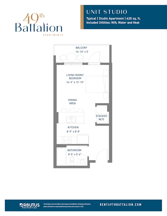 Floor Plan  A floor plan for a 40th Battalion apartment shows a living room, bedroom, dining area, kitchen, bathroom, and balcony.