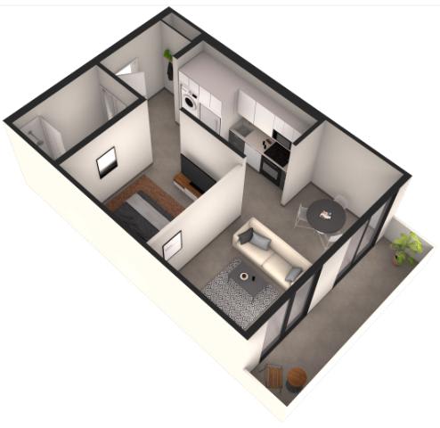 A 3D image of a small apartment with a kitchen, living room, and bathroom.