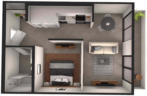 A 3D rendered image of a small apartment layout.