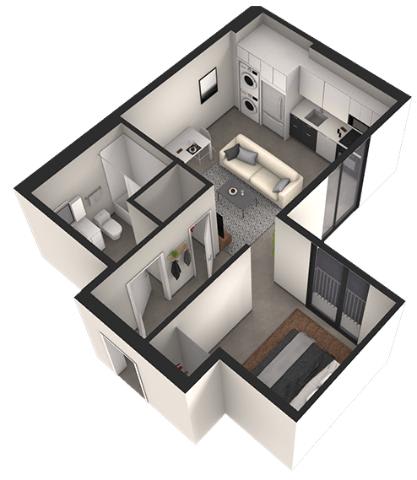 A 3D image of a small apartment with a kitchen, living room, and bathroom.