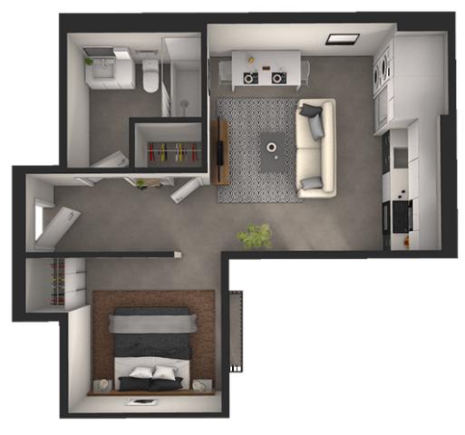 A 3D floor plan of a small apartment with a bedroom, living room, kitchen, and bathroom.