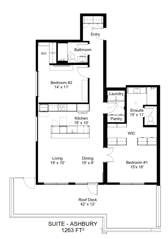 A floor plan of a suite in Ashbury showing the layout of the rooms.