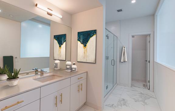 a bathroom with a shower and a sink and a mirror