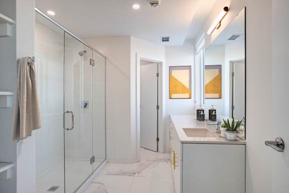 a bathroom with a shower and a sink and a mirror