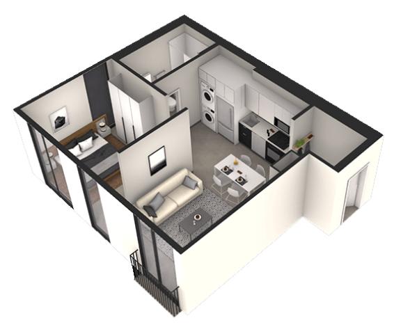 A 3D image of a modern apartment layout.
