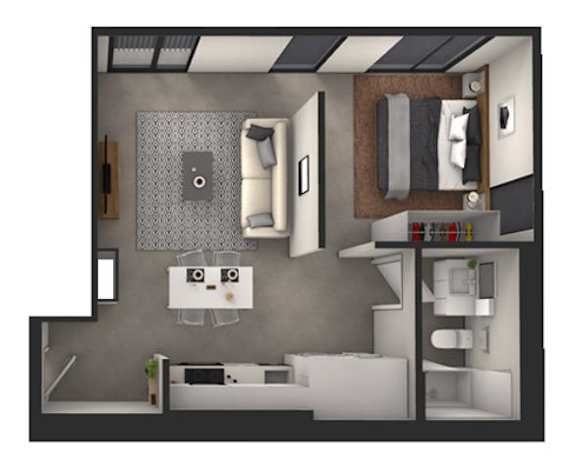 A 3D rendered image of a modern bathroom.