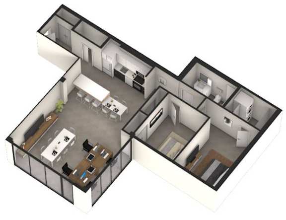 A 3D floor plan of a house with a kitchen, living room, and bedrooms.