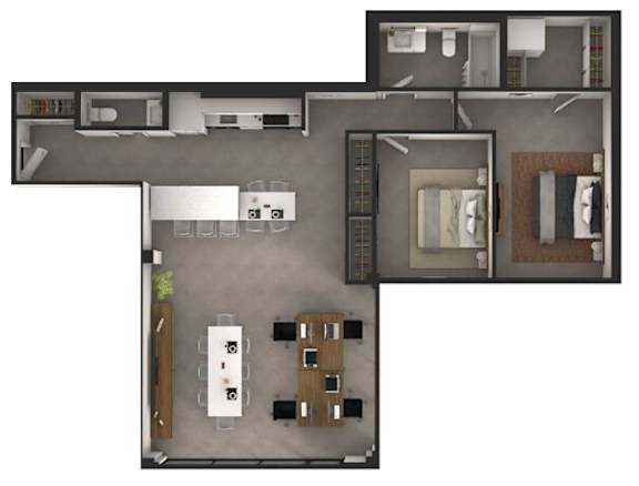 A floor plan of a small apartment with a kitchen, living room, and bathroom.
