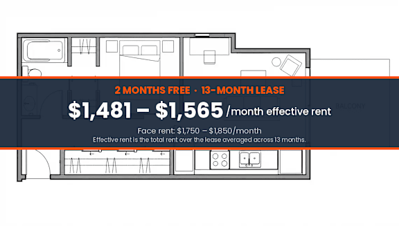 A floor plan for rent with a 2 months free and 13 month lease.