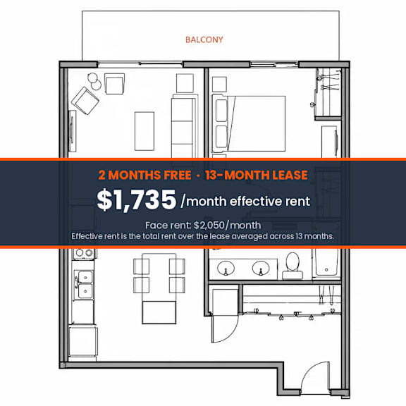A floor plan for a balcony apartment with a 2 months free and 13-month lease option at $1,735 per month.