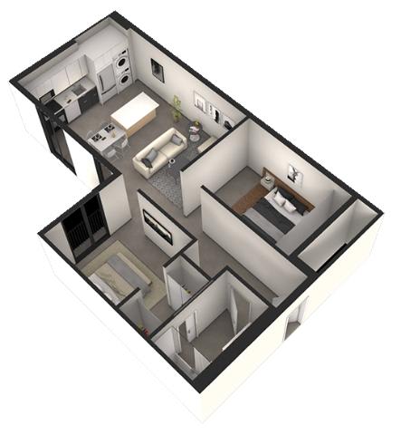 A 3D floor plan of a small apartment with a kitchen, living room, and bedroom.