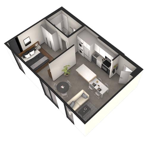 A 3D image of a house layout with a kitchen, living room, and bathroom.