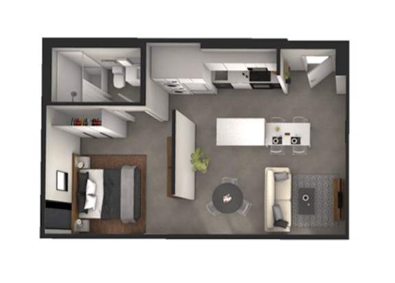 A top-down view of a modern apartment layout with a kitchen, living room, and bedroom.