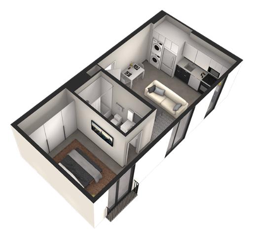 A 3D floor plan of a small apartment with a kitchen, living room, and bathroom.