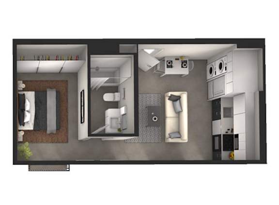 A top down view of a modern apartment with a kitchen, living room, and bathroom.
