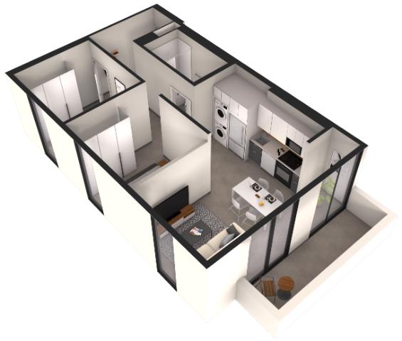 A 3D image of a modern house layout.