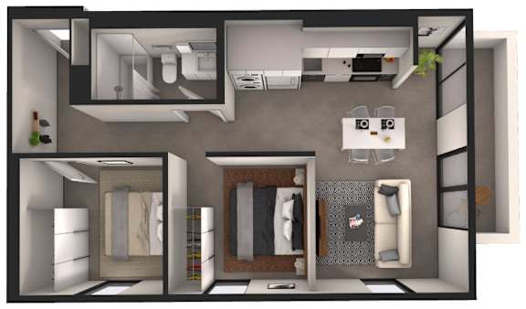 A 3D floor plan of a small apartment with a kitchen, living room, and bathroom.