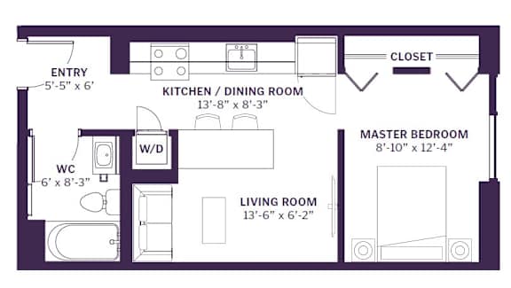 a floor plan of a kitchen and dining room with a living room and a bedroom
