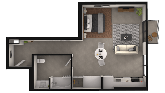 a floor plan of a room with a bathroom and a bedroom
