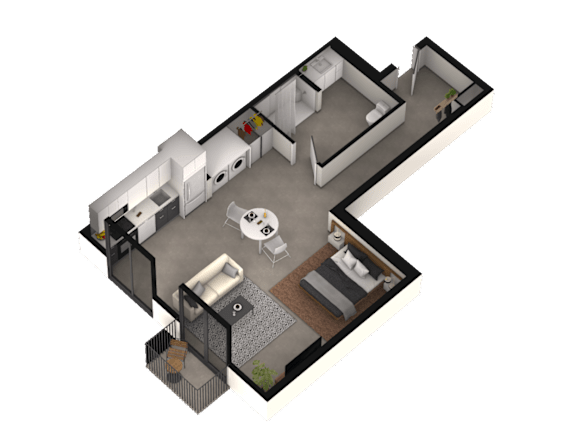 3d floor plan of a house with a bedroom and a living room
