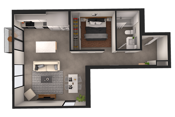 A 3D floor plan of a small apartment with a bedroom, living room, and kitchen.