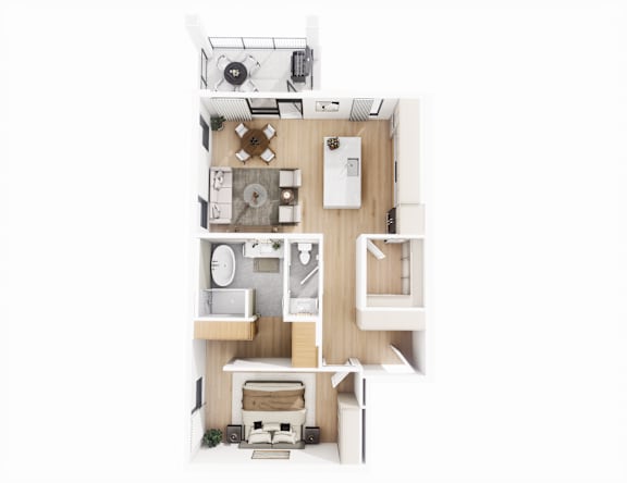 A top-down view of a small apartment with a kitchen, living room, and bedroom.