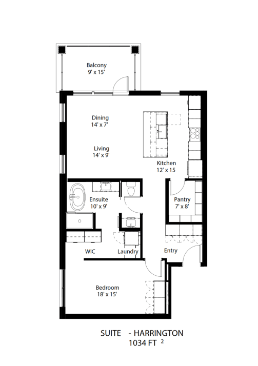 A floor plan of a suite in Harrington 1034 FT 2.