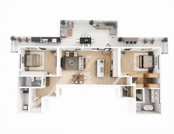 A top-down view of a house layout with multiple rooms and furniture.