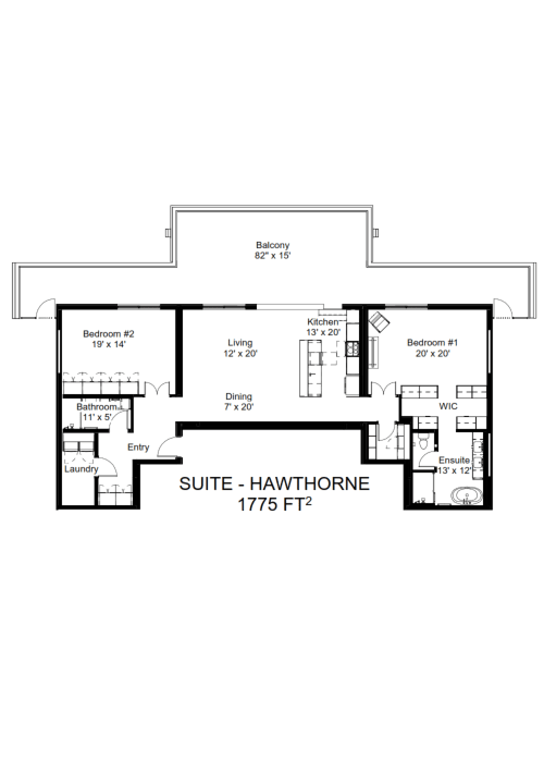 A floor plan of a suite named Hawthorne, which is 1775 square feet.