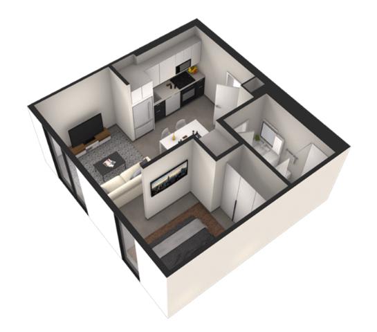 A 3D image of a small apartment with a kitchen, living room, and bedroom.