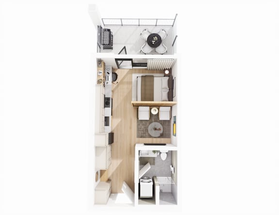 A white and wood kitchen with a fan and a clock.