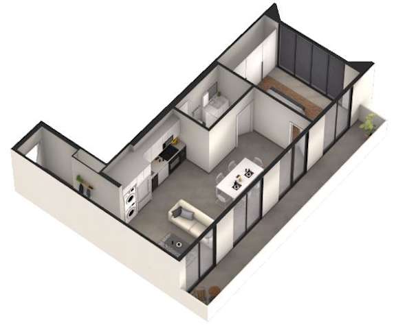 A 3D image of a house layout with a kitchen, living room, and bathroom.