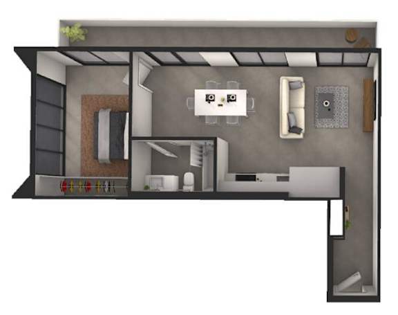A floor plan of a small apartment with a kitchen, living room, and bathroom.