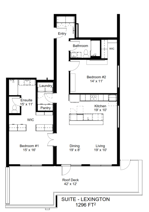A floor plan of a suite in Lexington, showing a bedroom, bathroom, kitchen, and living room.