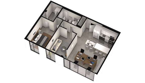 xyz 3d floor plan of a bedroom with a bathroom and a living room