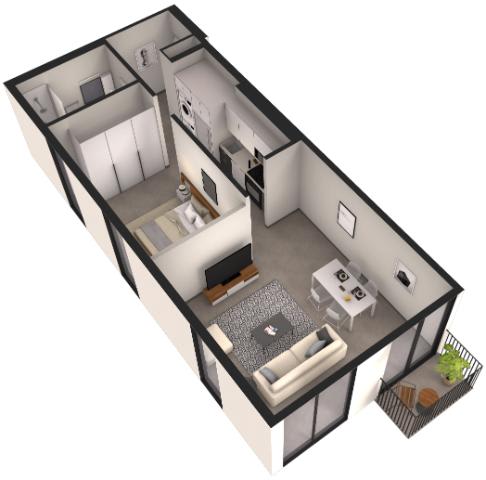 A 3D floor plan of a two-bedroom apartment with a living room, kitchen, and bathroom.