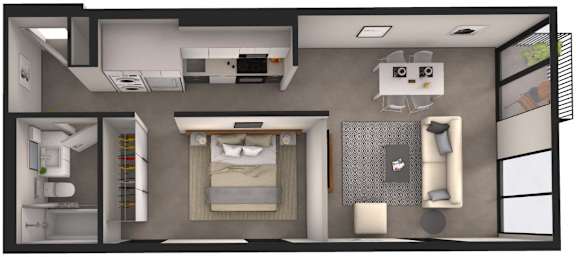 A 3D rendered image of a small apartment with a bedroom, living room, and kitchen.