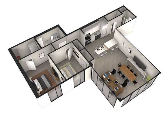A 3D floor plan of a house with a kitchen, living room, and two bedrooms.