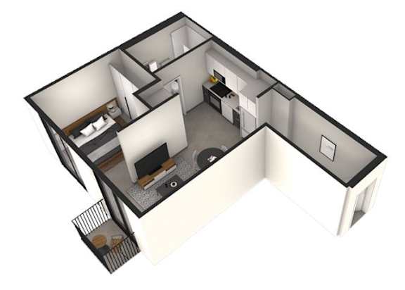 A 3D image of a house layout with a kitchen, living room, and bathroom.