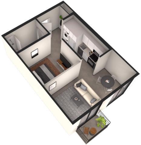 A 3D floor plan of a small apartment with a kitchen, living room, and bathroom.