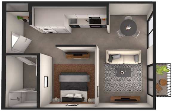 A 3D floor plan of a small apartment with a bedroom, living room, and kitchen.