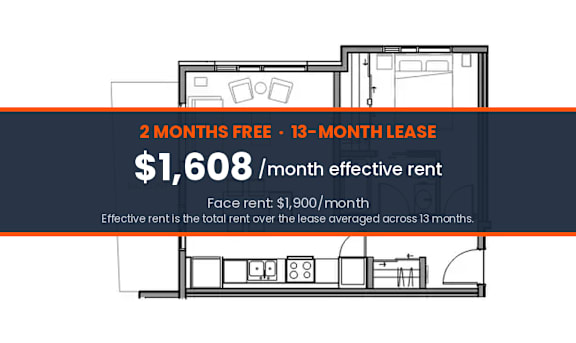 A diagram of an apartment with a 2 months free and 13-month lease offer.