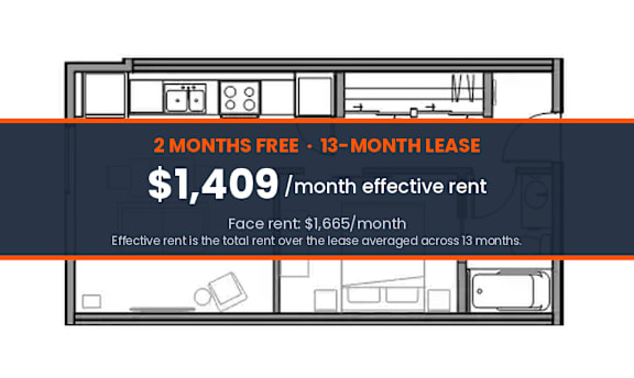A graphic of a floor plan for an apartment with a 2 months free and 13-month lease offer.