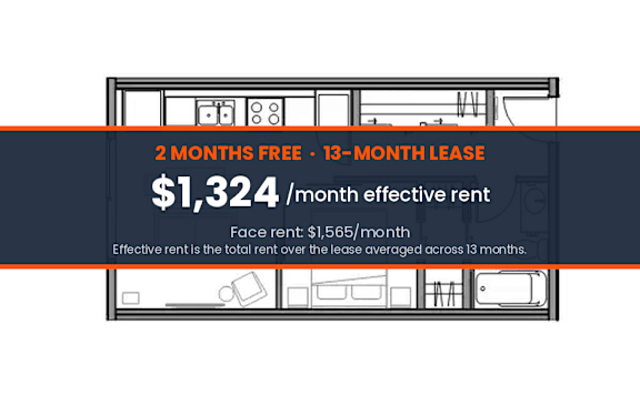 A graphic showing a 13 month lease with a 2 month free period and a monthly effective rent of $1,324.